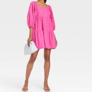 A New Day Bubblegum Pink Square Neck Puff Sleeve Mini Dress / Size Large NWT